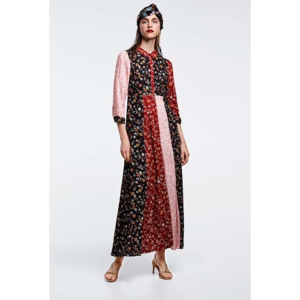 Zara Woman Patchwork Floral Paisley Maxi Dress XS Red Black Pink Boho Viscose